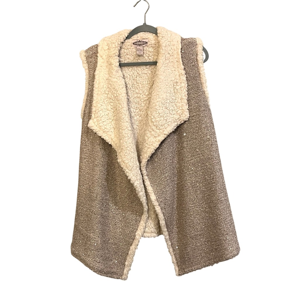 Sherpa Lined Open Front Vest Knit Oliver by Escio Sequin Metallic Taupe Sz XL